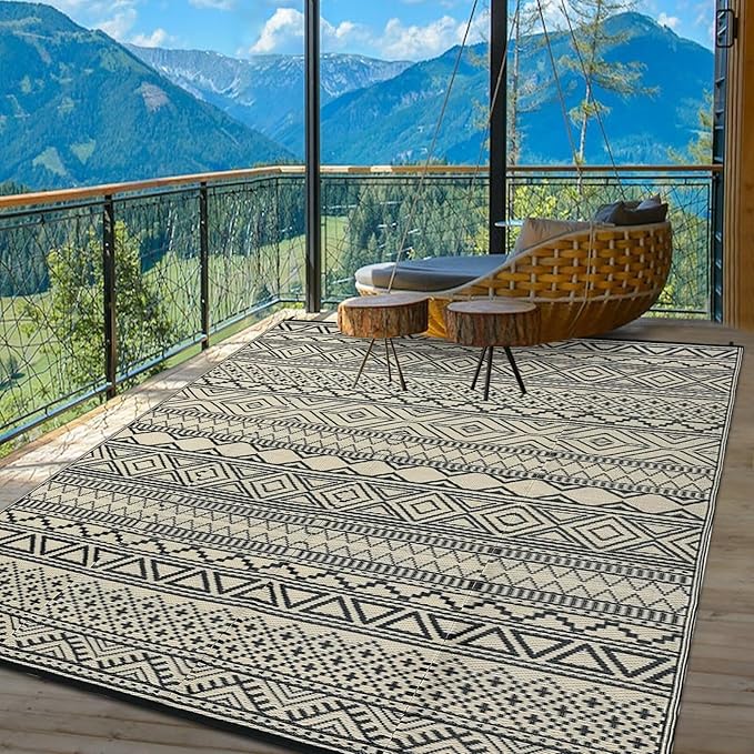 GAOMON Outdoor Rug for Patio Clearance 5x8 Reversible Plastic Straw Patio Rug for Camping Stain & UV Resistant RV Mats for Porch, Deck, Backyard, Camper, Balcony, Picnic, Black&Brown
