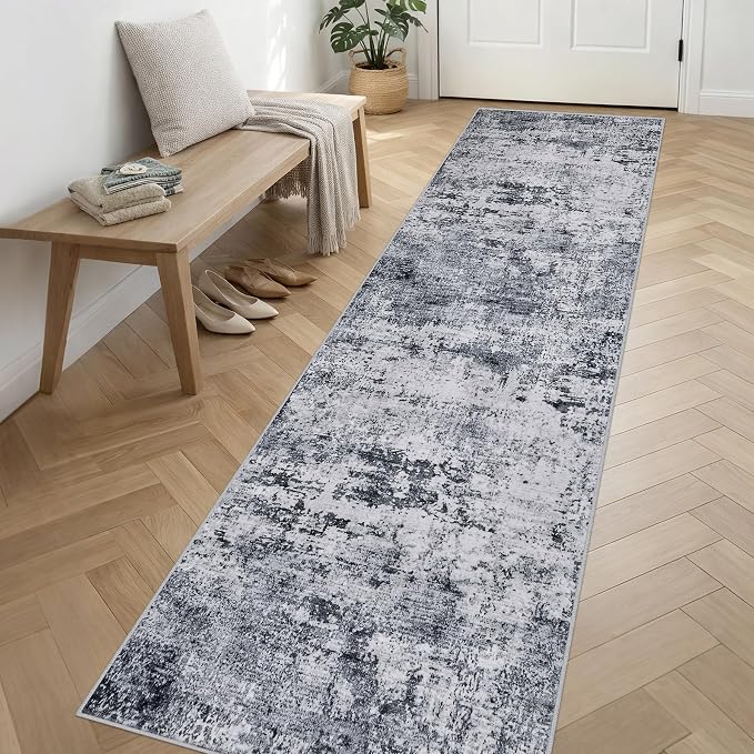 2.6x14 Washable Runner Rug:Modern Abstract Indoor Soft Carpet Grey | - Image 3
