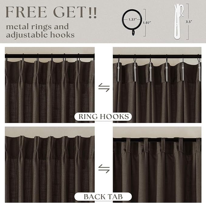 Dark Chocolate 120 Inch Pinch Pleated Semi Sheer Linen Curtains 2 Panels | - Image 5