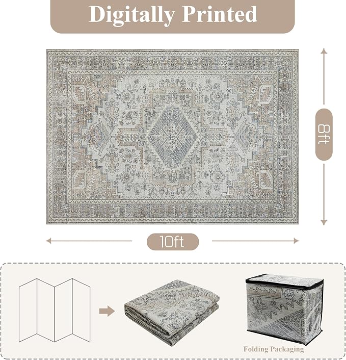 9x12 Washable Area Rugs for Living Room, Dining Room- Retro Taupe | Ultra Soft - Image 2