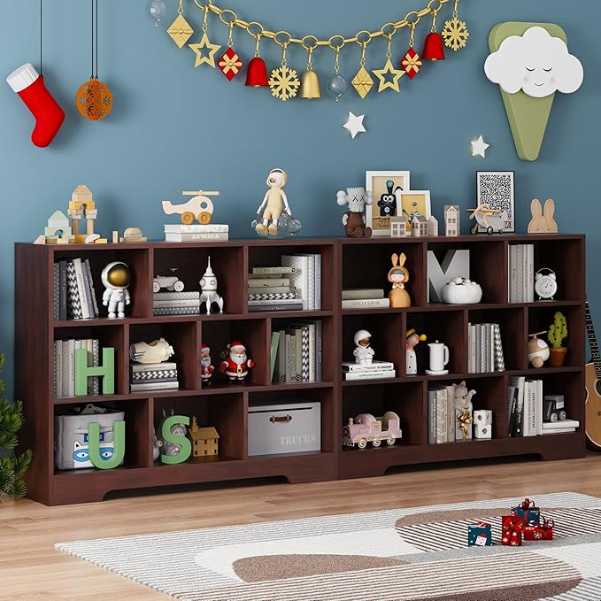 Book Shelf Set of 2, 10 Cubes Storage Organizer, 3-Tier Open Bookshelf Wooden Bookcase, Freestanding Cherry Bookshelf Cube Shelf for Living Room