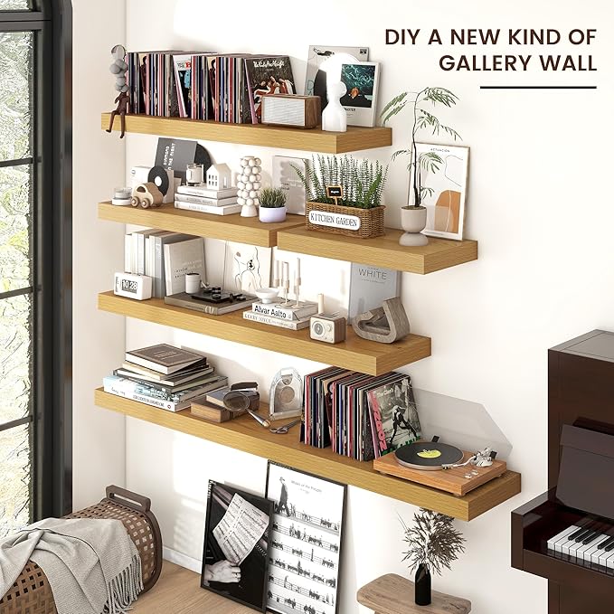 Floating Shelves for Wall, Large Wall Mounted Shelves with Invisible Brackets, Long Wood Floating Shelf for Living Room, Bedroom, Kitchen, Bathroom (Oak, 72" W x 9" D x 1.5" H)