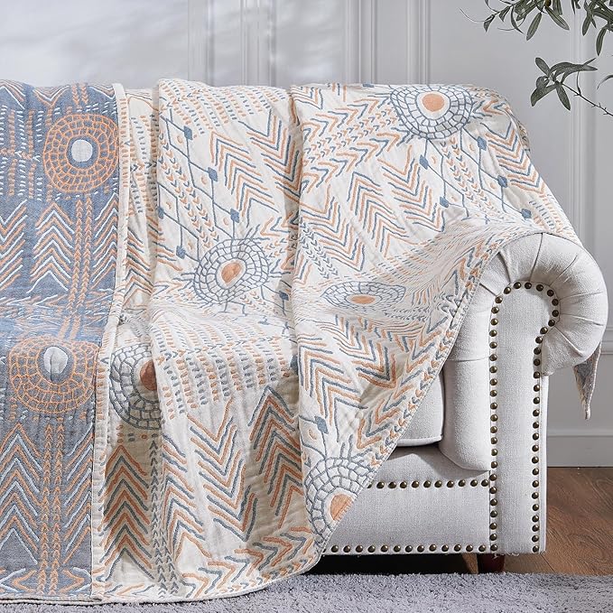jinchan Boho 100% Cotton Muslin Twin Size 60x80 Throw Blanket Lightweight 4-Layer Orange Reversible Blanket Washable Breathable Geometric Striped Pattern Soft Comfy for Couch Bed Decor All Seasons