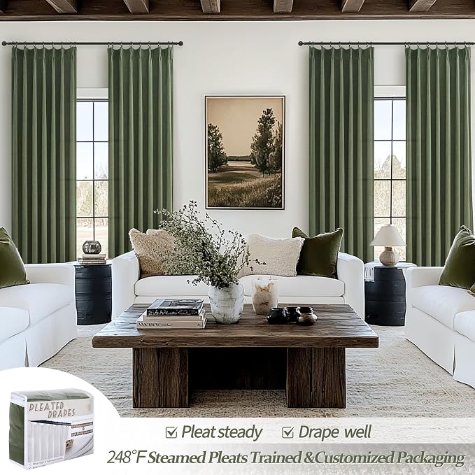 Olive Green Linen Curtains 96 Inches Long 2 Panels Set, Modern Aesthetic Pinch - Image 5