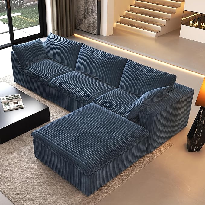 118" L Shaped Modern Sofa Modular Sectional Cloud Couch with Ottoman,Deep Seat Upholstered Couches with Plush Corduroy Fabric for Living Room Furniture,Bedroom and Apartment,No Assembly Required,Blue