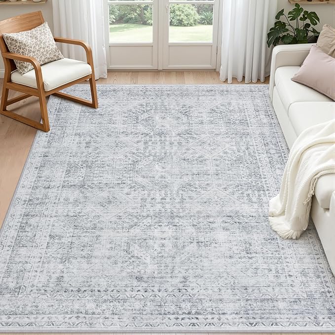 6x9 Area Rugs Living Room: Bedroom Neutral Washable Carpet Gray | Vintage Boho by Luxturiy