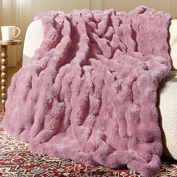 Ultra Soft Cozy Faux Fur Throw Blanket, Fuzzy Plush Thick Bubble Blanket by blunique