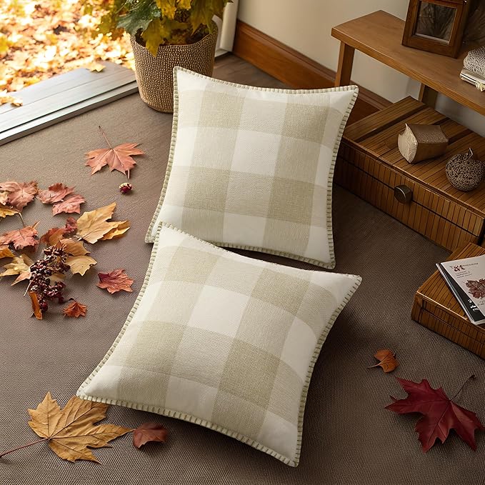 decorUhome Buffalo Plaid Check Fall Throw Pillow Covers 12x20 Set of 2, Outdoor Lumbar Decorative Farmhouse Pillow Covers with Stitched Edge for Bed Couch Sofa, Cream White and Beige