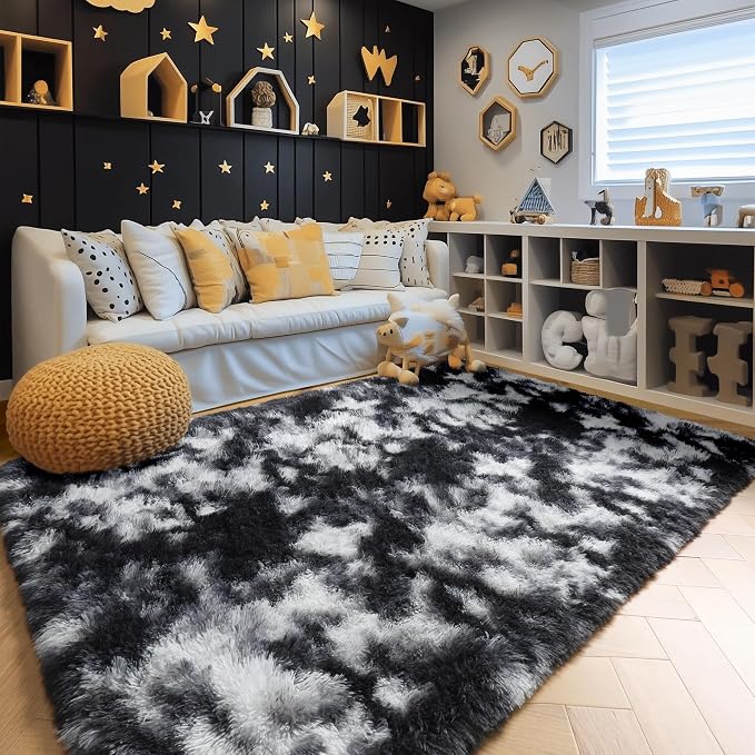 Amdrebio Black White Grey Fluffy Area Rug 5x8 - Image 6
