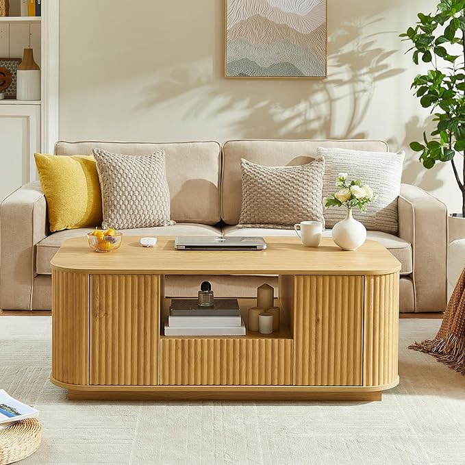 46.5" Oval Coffee Table with Drawers and Storage Mid Century Modern Fluted Solid Wood Side Coffee Tables, Luxury Tea Table Center Table for Living Rooms Offices Apartmen, Natural