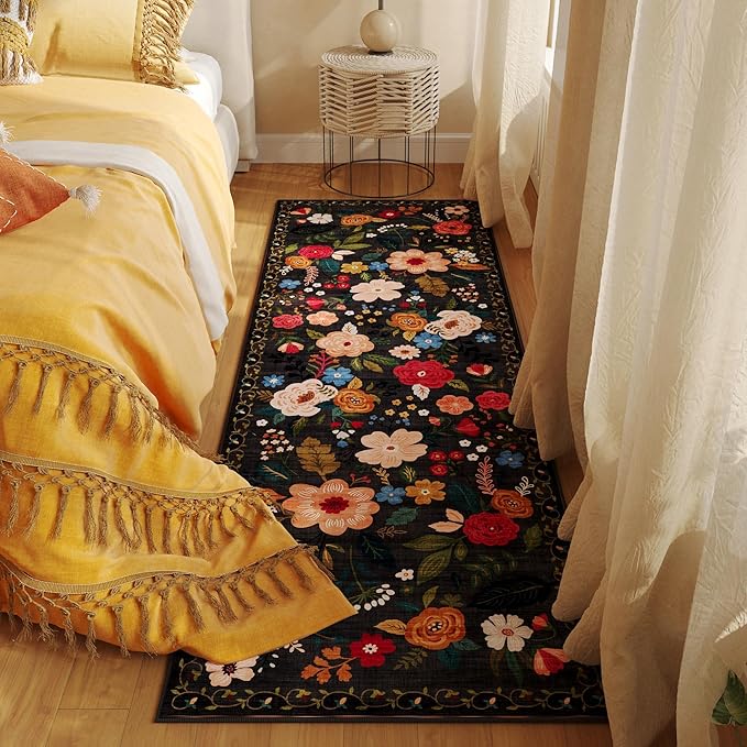 Runner Rug for Hallways Kitchen Rug Non Slip 2'6''x8' Washable Runner Rugs with Rubber Backing Soft Floral Carpet Runner for Hallways, Kitchen, Laundry, Bedroom, Bathroom(Black)
