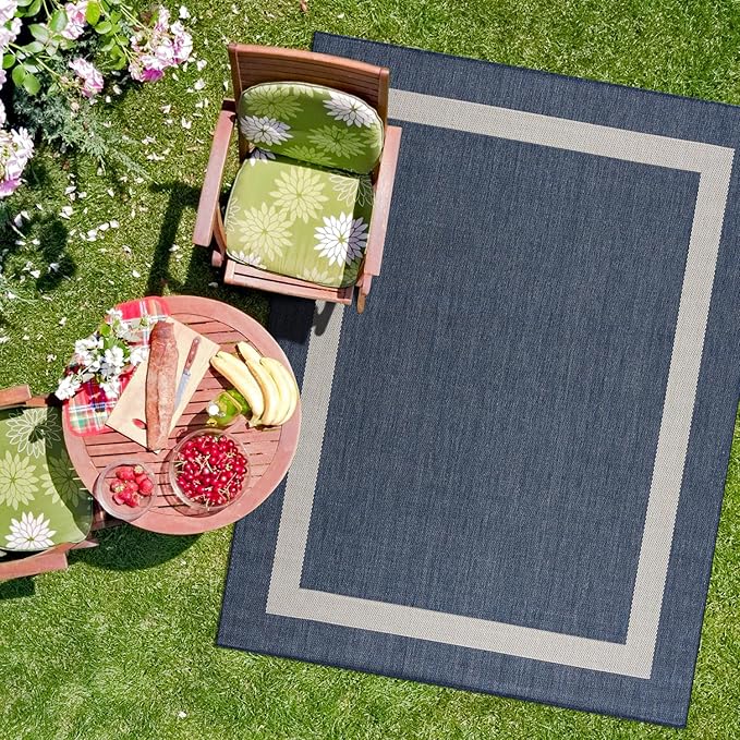 CAMILSON Outdoor Rug 10x14, Large Modern Outside Rugs for Patios Porches Waterproof Durable Washable Non-Shedding, Easy-to-Clean Indoor Outdoor Area Carpet (10 x 14, Bordered - Blue/White)