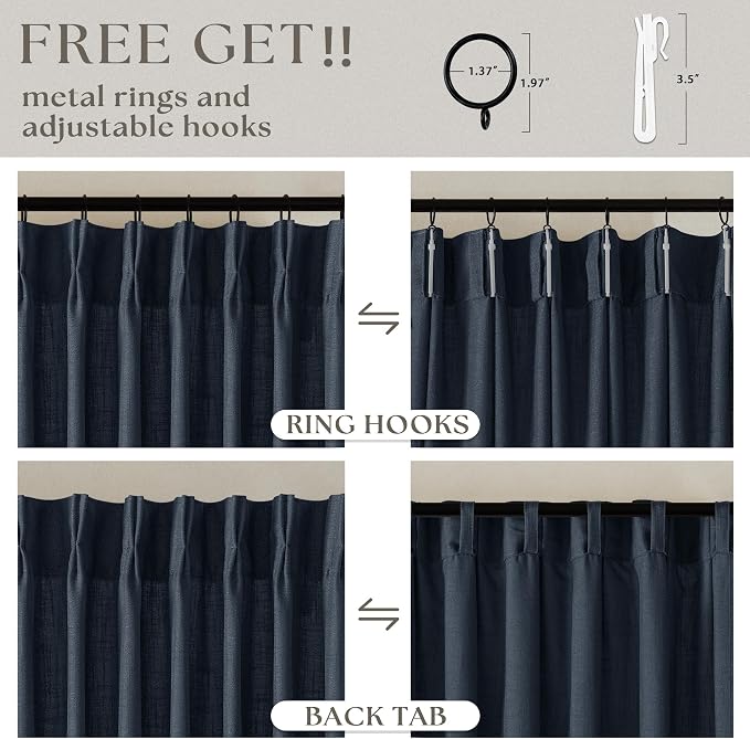 Navy Blue Linen Pinch Pleated Curtains 96 Inches Long 2 Panels | Semi Sheer - Image 5