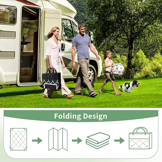 GENIMO 5' x 8' Outdoor Rug Waterproof for Patio Decor, Foldable Reversible Plastic Straw Area Rugs Mat for Camper, Outside Carpet for Rv, Deck, Porch, Picnic, Beach, Balcony, Black & White