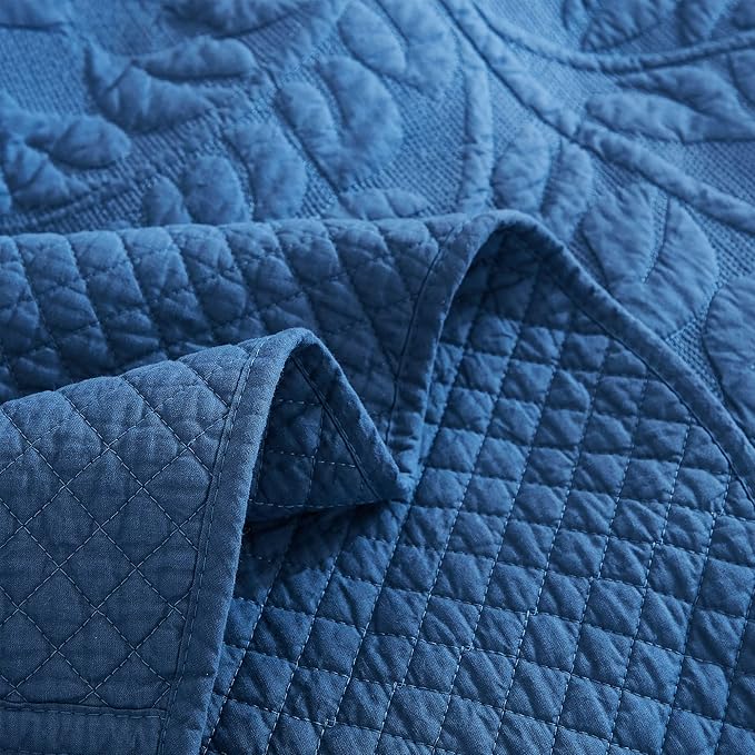 MarCielo 3-Piece 100% Cotton Oversized Bedspread Lightweight Quilt Coverlet Embroidery Farmhouse Bedding Set T0 (Midtone Blue, Oversized Queen (100"x106"))
