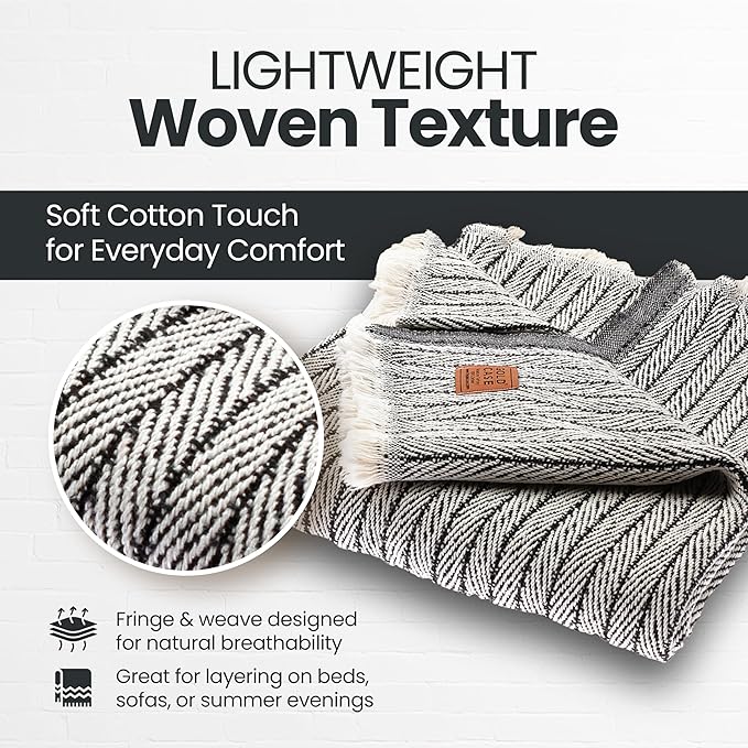 Gold Case Throw Blanket for Couch – 100% Recycled Turkish Cotton Blankets & Throws – Elegant Decorative Throw Blankets for Living Room Sofa – Woven Throws for Couch – Retro Black – 50x60