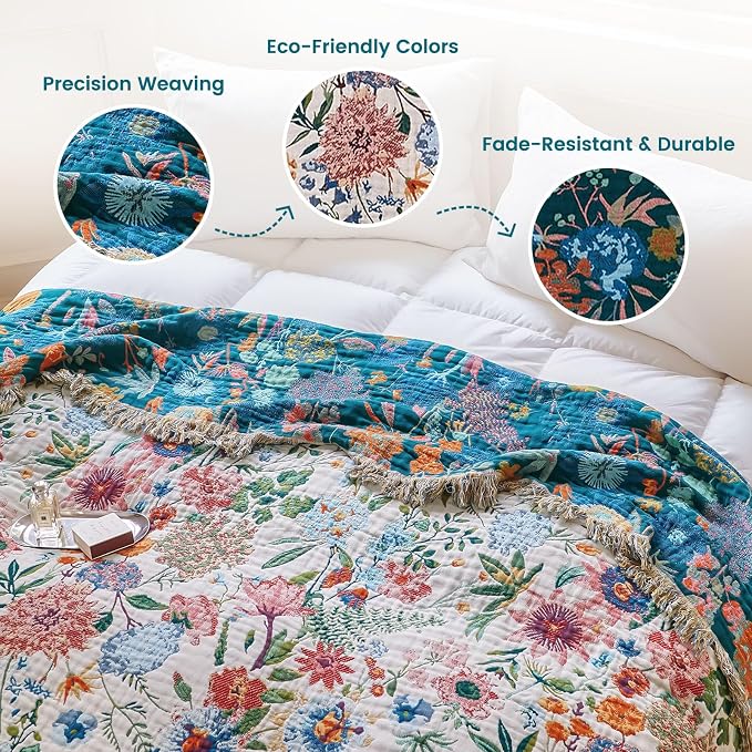 MSGKV Boho Throw Blanket 50"x60" Couch Floral 100% Cotton Blanket Spring - Image 3
