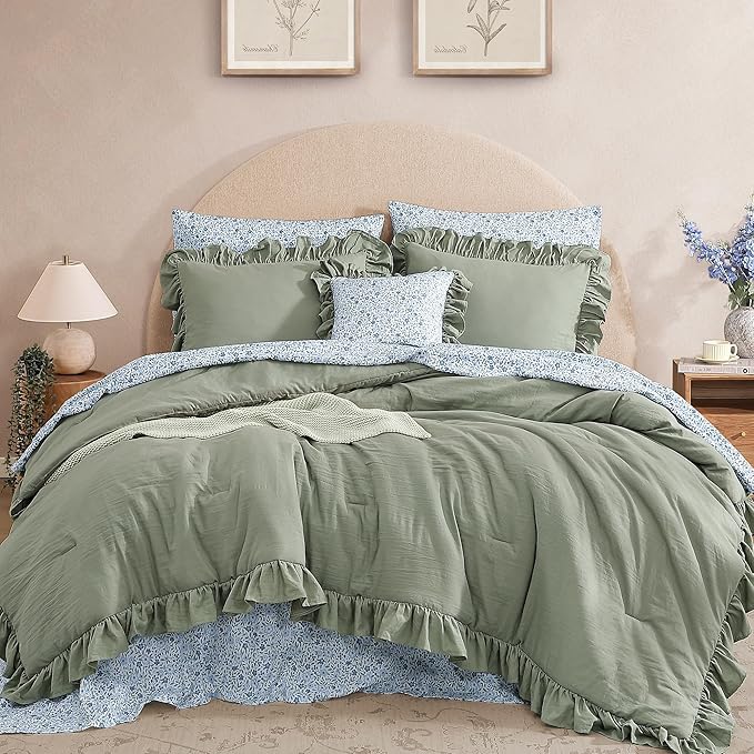 Queen Comforter Set - 7 Pieces Ruffle Sage Green Bedding Sets, Shabby Chic Farmhouse Bed in a Bag Queen with Ruffle Comforter, Floral Sheets, Pillowcases & Shams