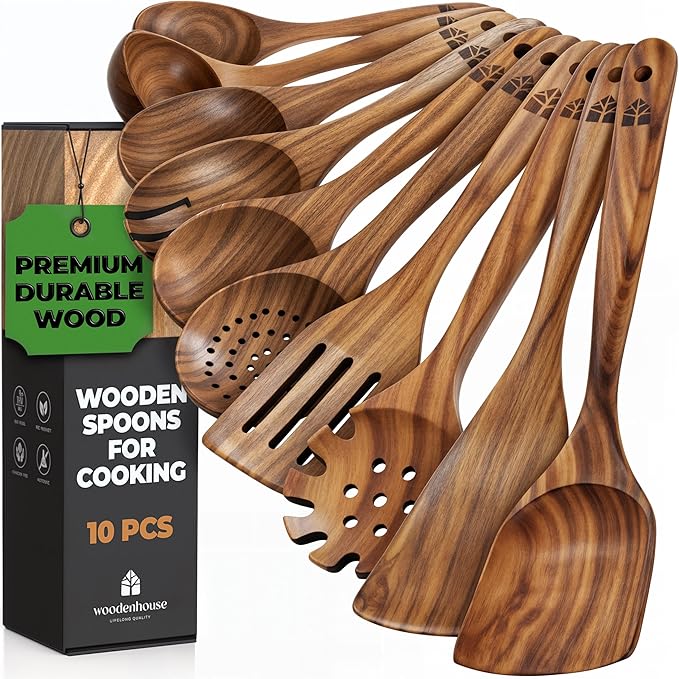 Wooden Spoons for Cooking, 10 Pcs Wooden Cooking Utensils Set – Wooden Utensil Set for Nonstick Pans & Cookware – Teak Wood - Sturdy, Lightweight & Heat Resistant