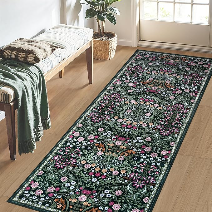 PLHXFR 2x6 Washable Runner Rug：Floral Indoor Kitchen Carpet Dark Green | - Image 3