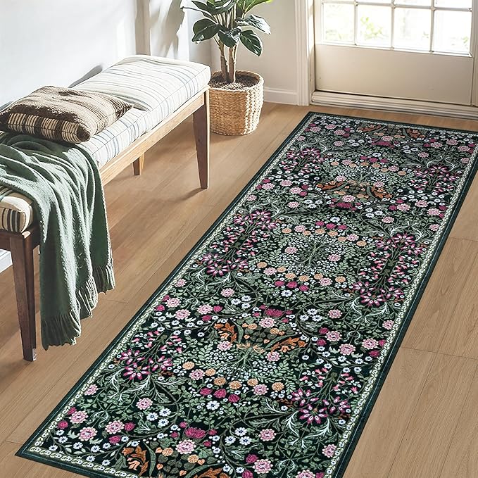 PLHXFR 2x5 Washable Runner Rug：Floral Indoor Kitchen Carpet Dark Green | - Image 3