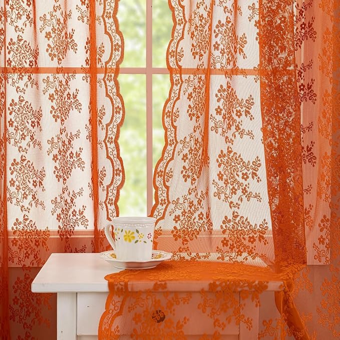YJ YANJUN Lace Curtains 80 Inches Long, Burnt Orange Sheer Curtain Panels | by YJYANJUN