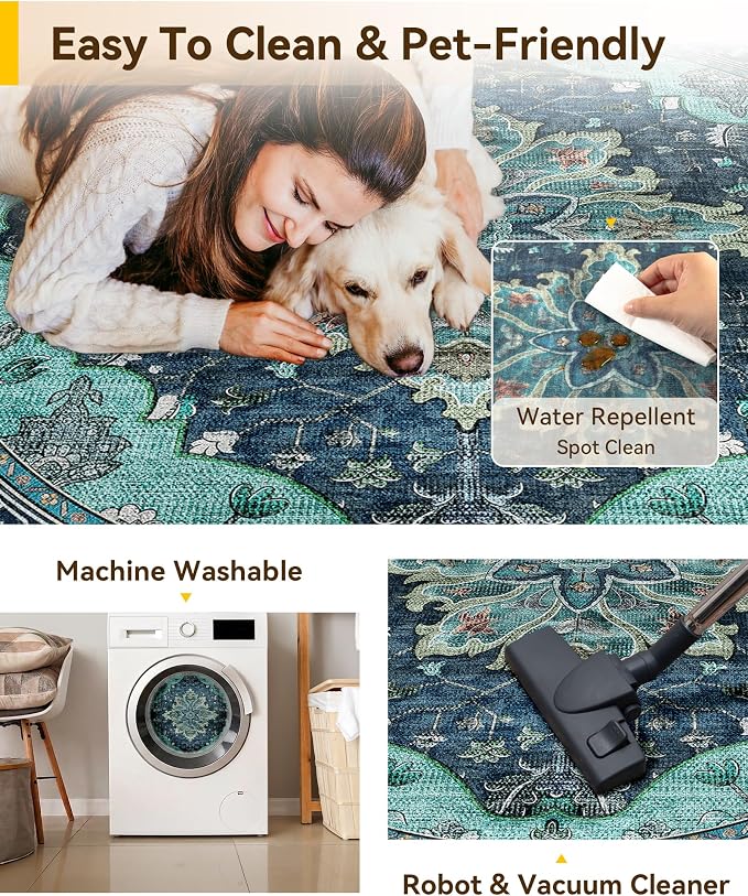 RELEANY Washable Area Rug, Round 7ft, Teal | Non-Slip, Water Repellent - Image 4