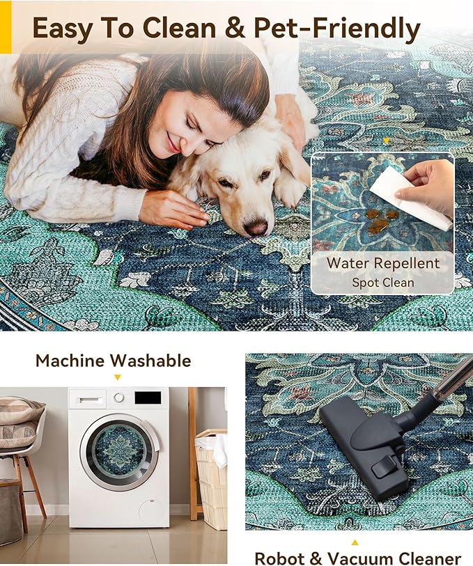 RELEANY Area Rugs 8ft Washable Non-Slip, Floral Vintage Distress Print Pattern - Image 5