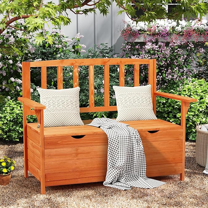 AVAWING Outdoor Storage Bench, Wooden Garden Bench Weatherproof, Patio Benches for Outside, 2-Seat Front Porch Bench, Park Bench for Deck, Lawn, Backyard(Natural)