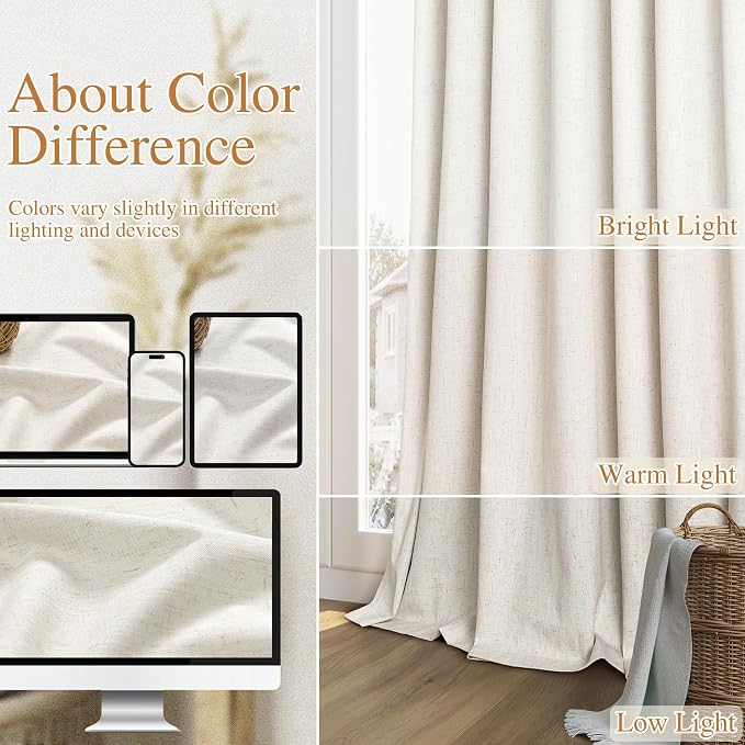 100% Blackout Linen Curtains for Bedroom 86 Inches Long Natural Cream Black Out - Image 7