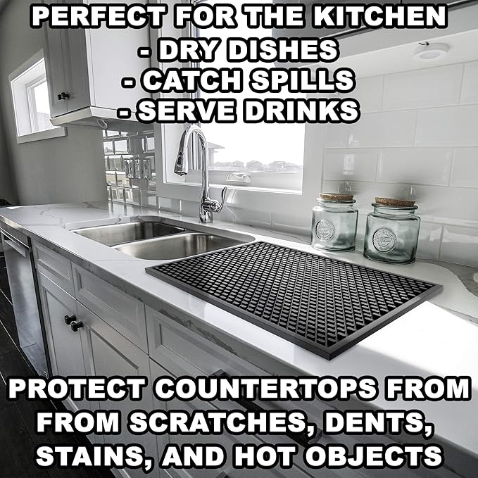 Silicone Drip Mat - 1/2 Inch Thick, Heat-Resistant and Food Safe - Counter Top, Coffee Bar or Restaurant - Drying Mat for Glasses - 18x12 Inches