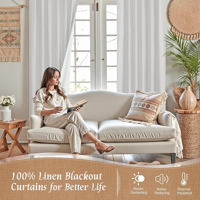 Short Window Linen Curtains 48 Inch Length 2 Panels, Light Grey | 100% Blackout - Image 2