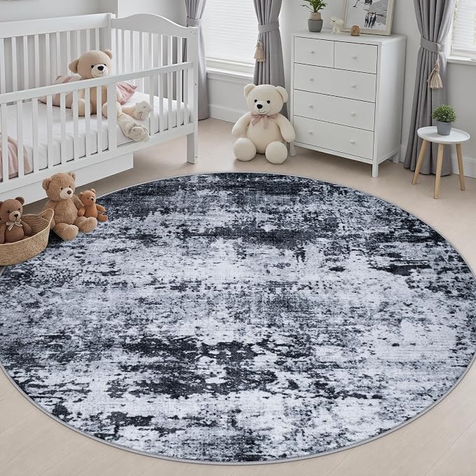 Round Area Rug Living Room: 6 ft Modern Washable Carpet Black | - Image 5