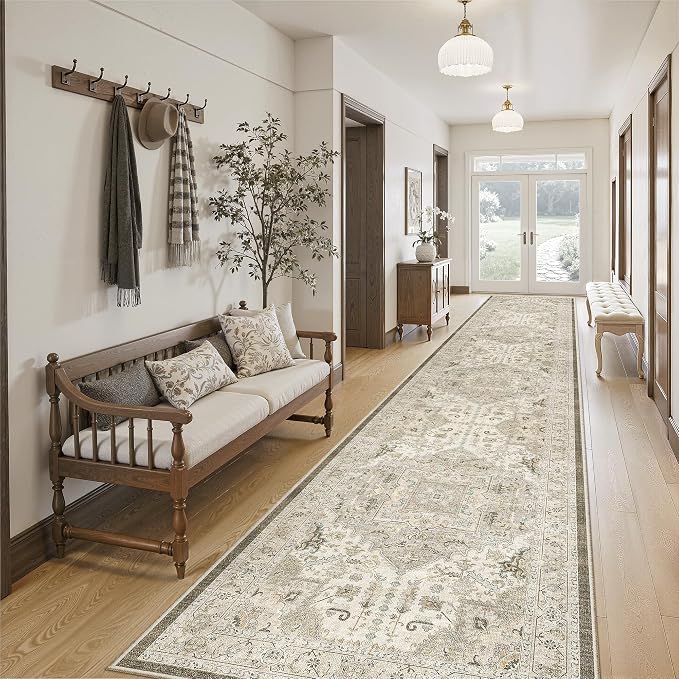 Madane Hallway Runner Rug 2'6''x14' Kitchen Runners Vintage, Ivory/Brown | Long - Image 3