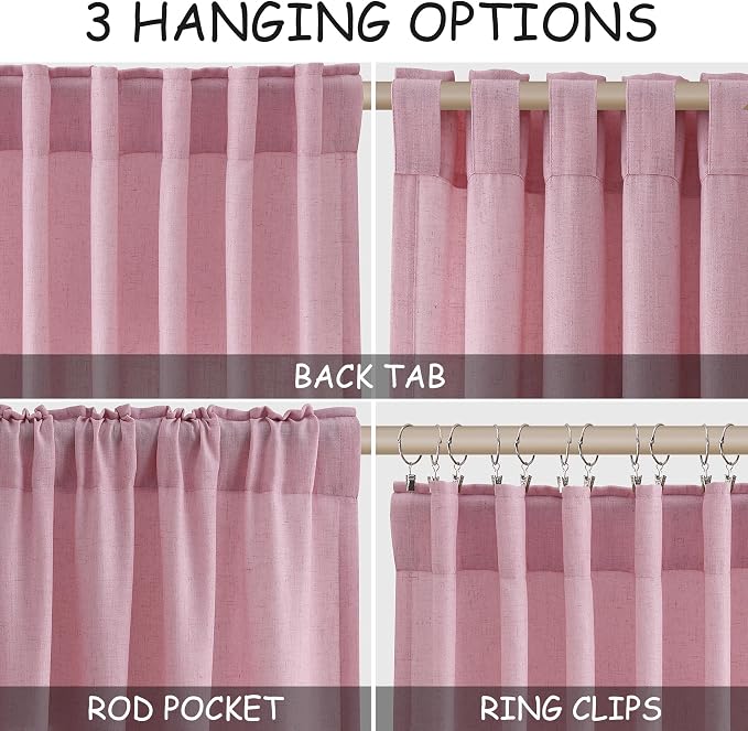 Nanspring Rose Linen Curtains 90 Inch Long 2 Panels Set Back Tab Rod Pocket - Image 2