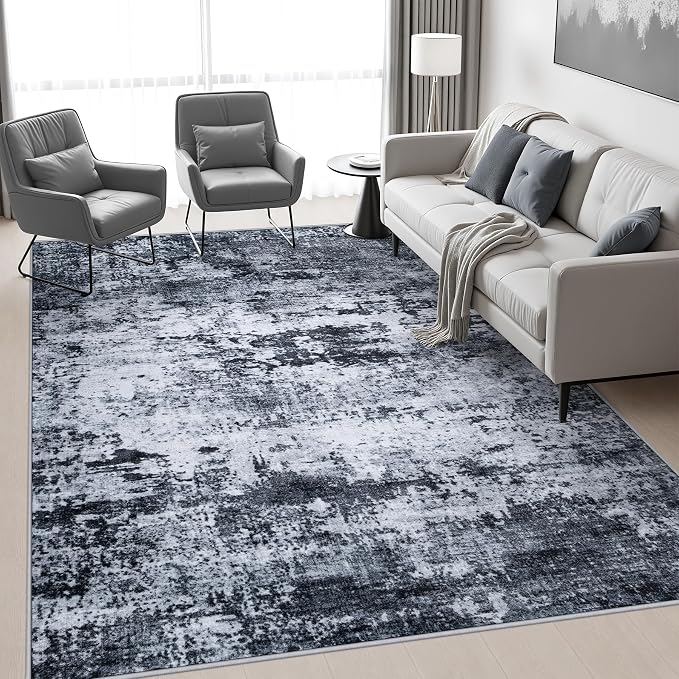 6x9 Area Rug Living Room: Modern Washable Indoor Carpet Black | - Image 5