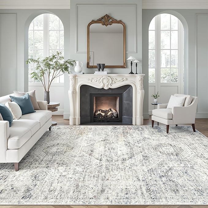 Soalmost Washable Area Rug 8x12 Large Soft Living Room Rugs Blue/Ivory | by Soalmost