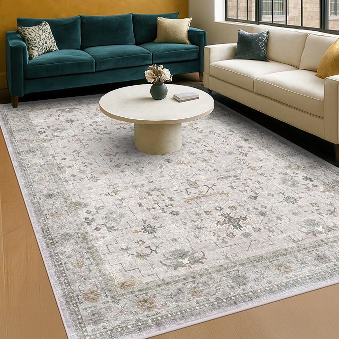 Washable Light Gray & Sage Living Room Rug 6x9 by HazoHaus