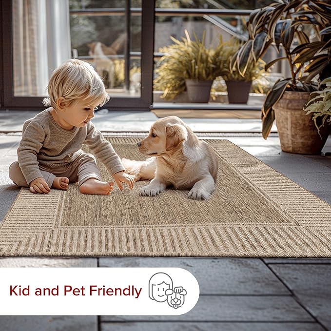 nuLOOM 2x8 Outdoor/Indoor Asha Area Rug, Light Brown, Casual Design With Striped Border, Stain Resistant, Highly Durable, For Patio, Balcony, Bedroom, Living Room, Dining Room, Bathroom