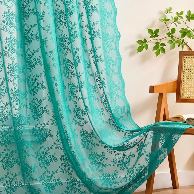 YJ YANJUN Vintage Lace Curtains 63 Inch Length Victorian Floral Teal Sheer - Image 3