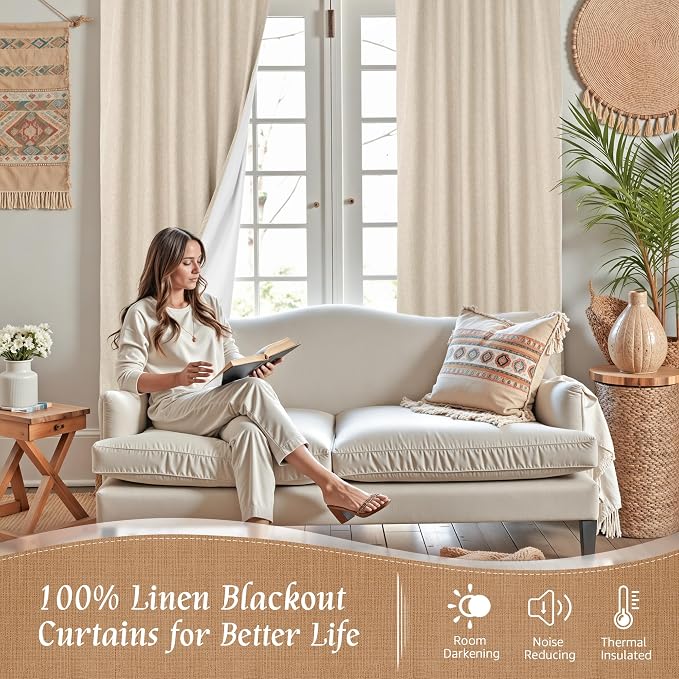 84 Inch 100% Blackout Linen Curtains 2 Panels - Image 3