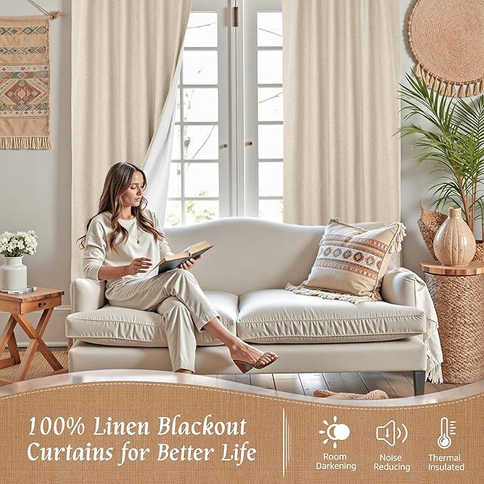 100% Blackout Natural Linen Curtains 68 Inches - Image 2