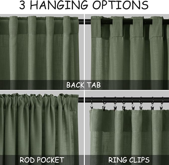 Olive Green Linen Sheer Curtains 84 Inch Length 2 Panels - Image 2
