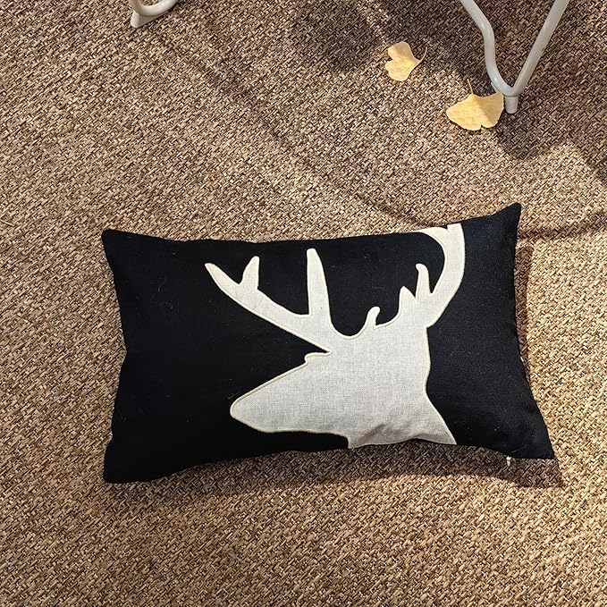 Lumbar Pillow Covers 12x20 Inches Black Decorative Cotton Linen Deer HeadThrow Lumbar Waist Embroidered Cushions Covers for Couch Sofa Bedroom