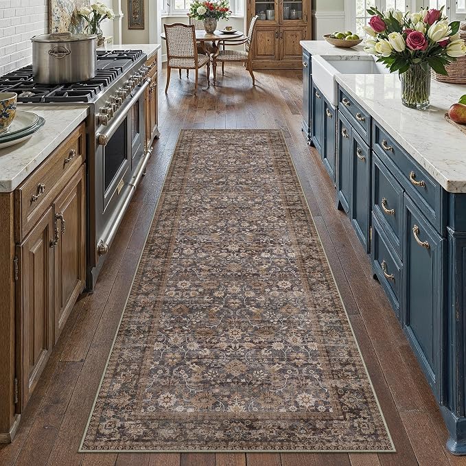 2x8 Brown Blue Vintage Floral Washable Runner Rug by HUGEAR