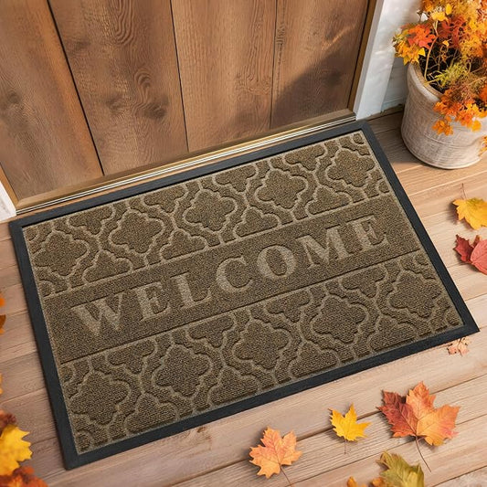 Yimobra Fall Welcome Mat Outdoor Indoor 29.5x17, All-Weather Waterproof Outdoor Mats for Front Door, Non-Slip Low Profile Porch Patio Doormat, Coffee