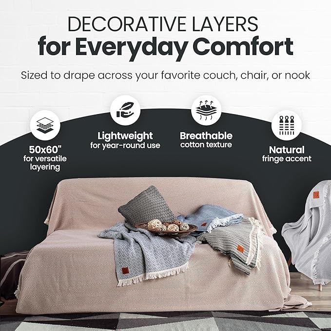 Gold Case Throw Blanket for Couch – 100% Recycled Turkish Cotton Blankets & Throws – Elegant Decorative Throw Blankets for Living Room Sofa – Woven Throws for Couch – Retro Beige – 50x60