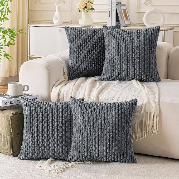 Set of 4 Medium Grey Decorative Throw Pillow Covers 24x24 Inch Corduroy Pillow by Cozoomy