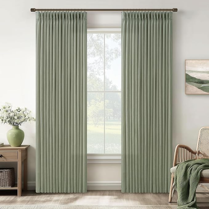 96 Inch Sage Green Linen Pinch Pleated Light Filtering Curtains 2 Panels | by Twodrapes
