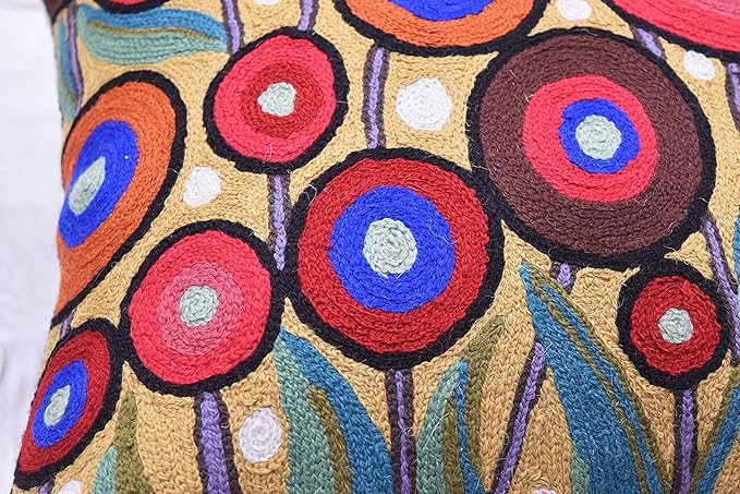 Yellow Floral Poppy Pillow Cover - Red Floral Outdoor Pillowcase - Suzani Accent Pillow - Flower Accent Cushions - Hand Embroidered Wool - Size 18x18